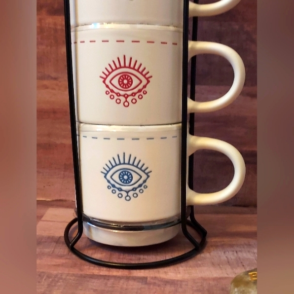 SALE! NWT Boho Evil Eye Set Stackable Coffee Mugs/Tea Cups Metal Organizer Stand - Picture 16 of 16